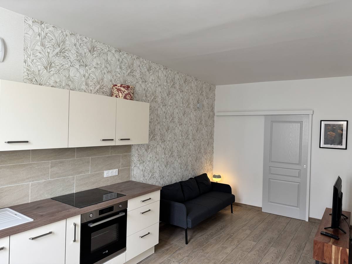 Séjour de l'échoppe rénovée à Libourne après travaux, cuisine ouverte équipée
